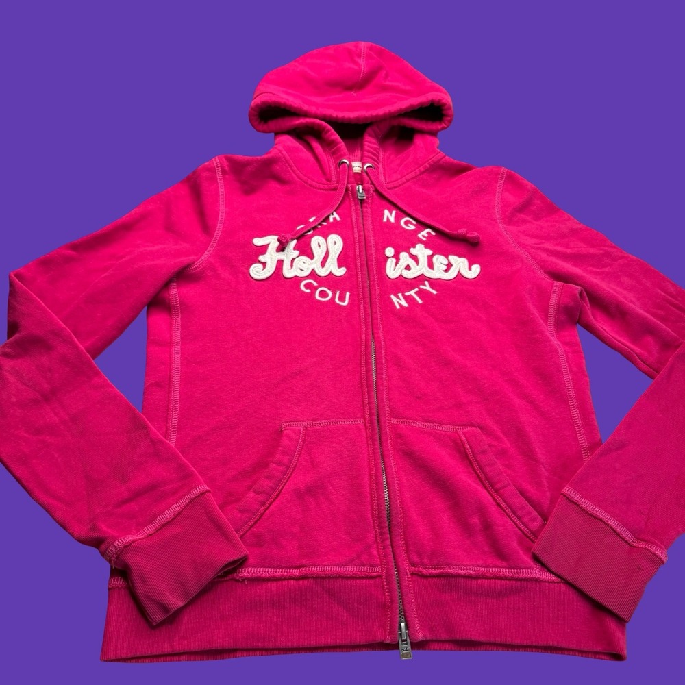 Hollister California Womens Hoodie Large Pink Full Zip Embroidered Logo Y2K